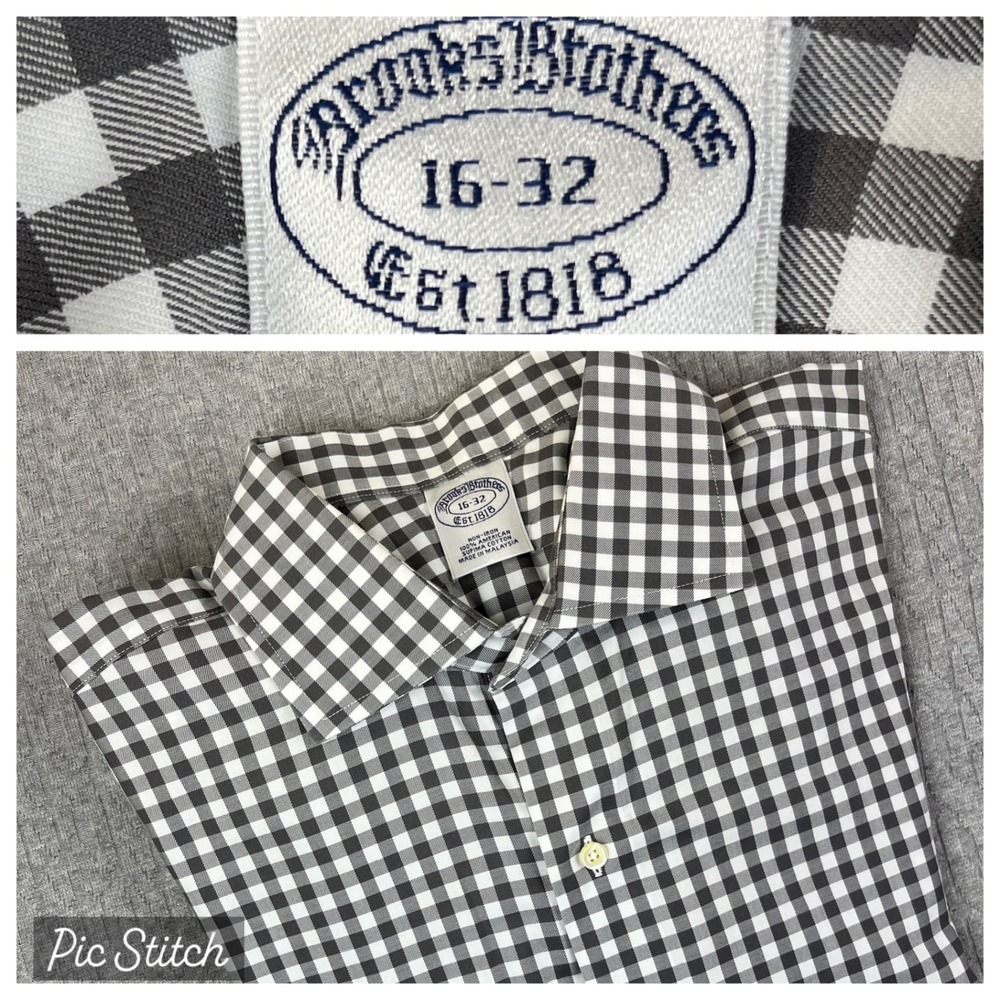 Brooks Brothers Gingham Check Dress Shirt Men L 16-32 Non Iron Supima Cotton